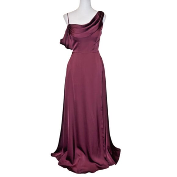 Morilee Madeline Gardner Bordeaux Satin One Shoulder Bridesmaid Dress Gown Sz 4 - Picture 1 of 14